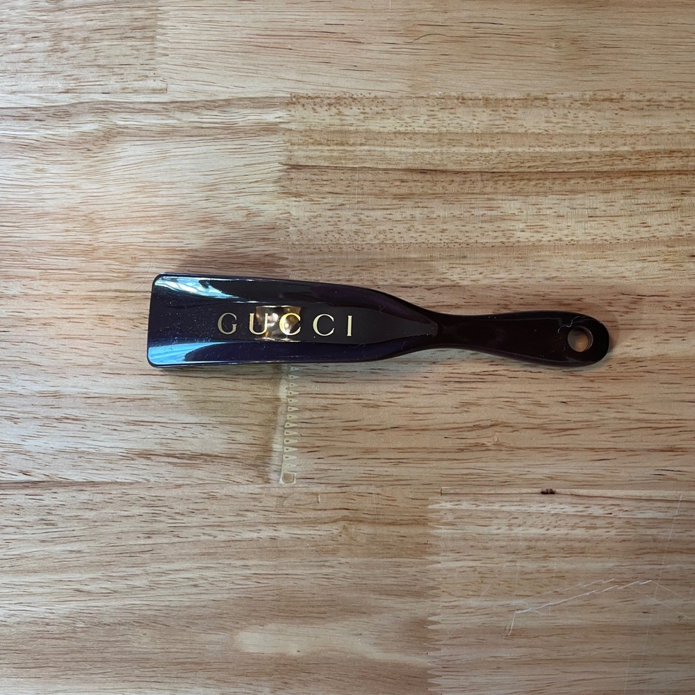 Gucci Dark Brown Resin Travel Shoe Horn Gold Logo Italian Designer Accessory